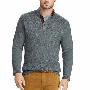 Chaps Men’s Small Textured Mock Neck Sweater Gray Elbow Patches Button Pullover